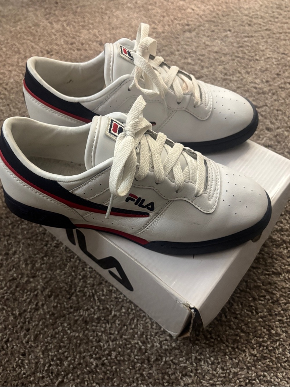 FILA Kid’s White Sneakers with Navy & Red Stripes